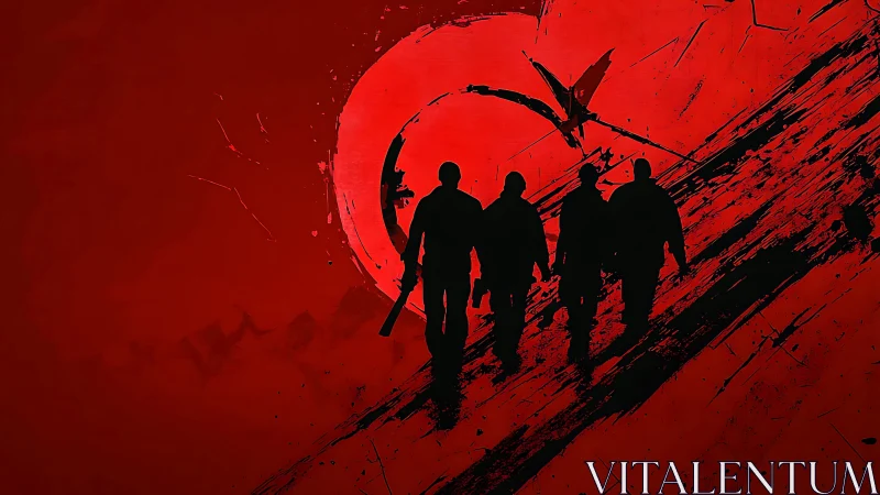 Silhouetted strike team on blood-red abstract battlefield.