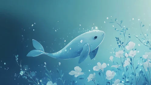 Dreamlike blue whale drifting through luminous blossoms.