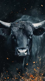 Gentle black bull amid swirling embers and autumn sparks.