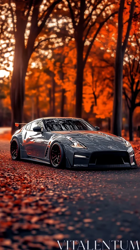 Low-slung sports car glows against fiery autumn forest road