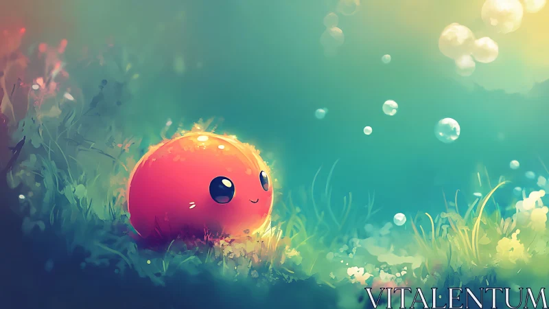 Red blob character in soft grassy field with bubbles.