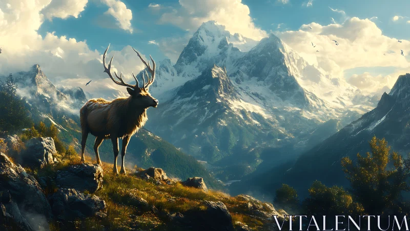 Stag stands on rocky alpine ridge before sunlit snowy peaks