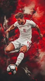 Dynamic football striker in midair volley against red vortex.