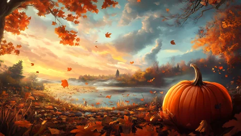 Autumn lakeside panorama with foreground pumpkin and airborne leaves