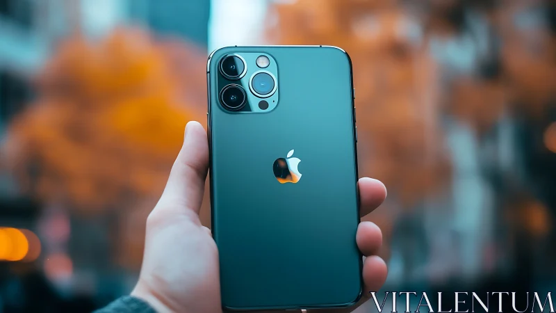 iPhone 12 Pro in Pacific Blue. Hand-held outdoor product shot.