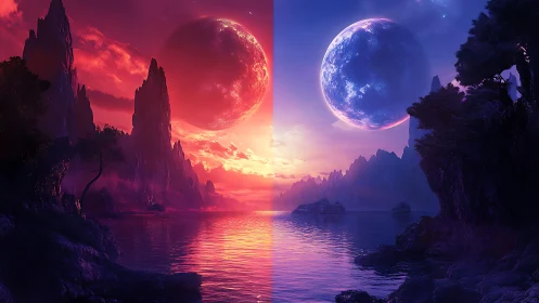Twin alien moons divide a vivid fantasy coastal twilight