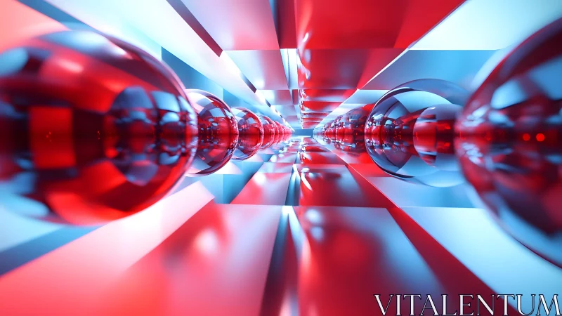 Futuristic red and blue glass spheres in a geometric tunnel.
