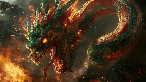 Serpentine dragon head emerges through flames amid dark smoke