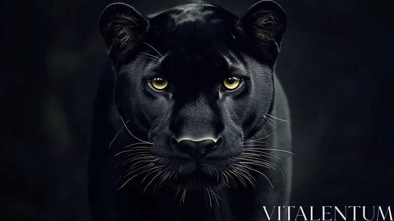 Black panther with striking amber eyes staring intensely forward.