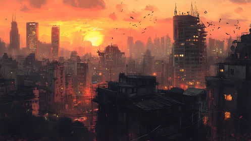 Smoggy cyberpunk city sunset over dense highrises.