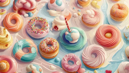 Colorful iced donuts with cream and candy sit on swirling surface
