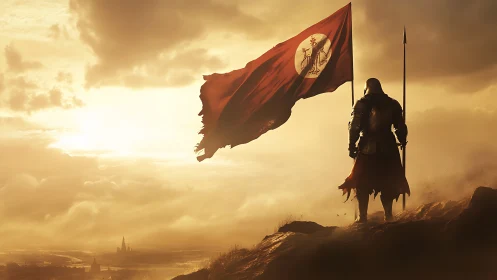 Armored knight with war banner over sunlit valley.