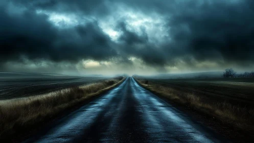 Vanishing wet roadway under turbulent pre-storm cumulonimbus sky.