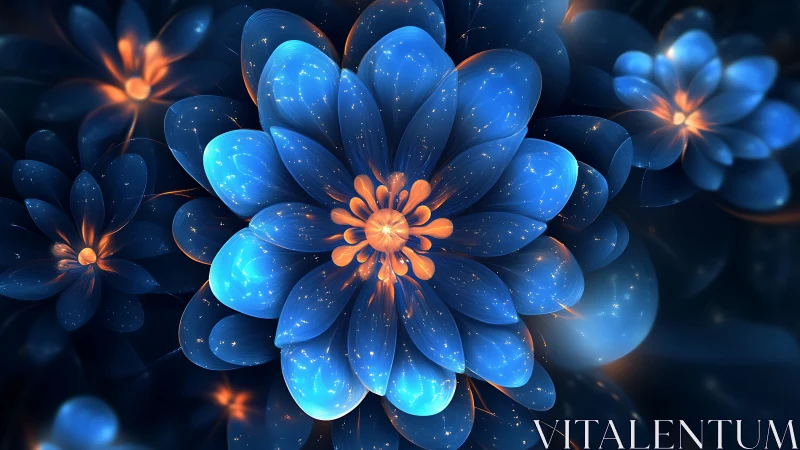 Luminous blue fractal blooms with glowing amber cores