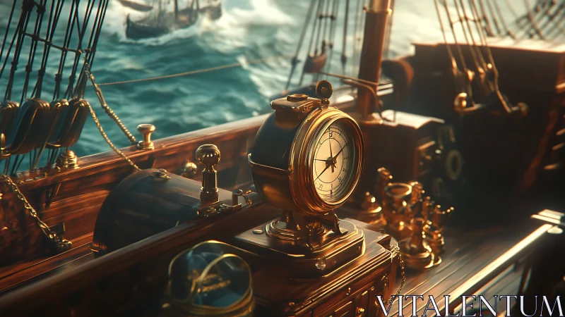 Marine chronometer on varnished deck in golden hour light.