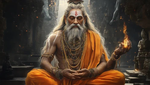 Fire-wreathed sage meditates in an ancient temple’s hush.