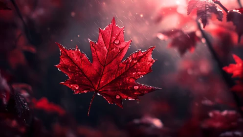 Crimson maple leaf drifting through luminous autumn rain.