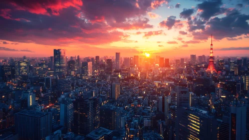 Sunset glow wraps a lively modern city in warm evening light