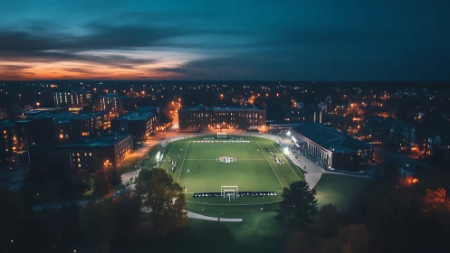 Stadium glow ignites a campus skyline at blue hour calm.
