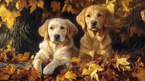 Canine pair in autumnal leaf-littered forest microhabitat.