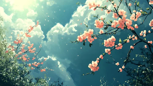 Gentle cherry blossoms drifting under a glowing spring sky.
