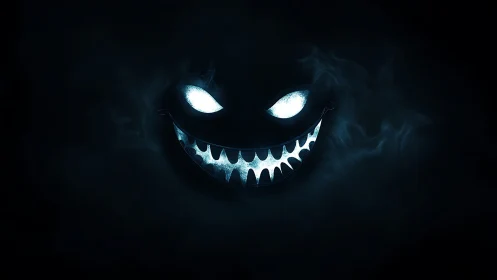Midnight grin slices through darkness with spectral blue light