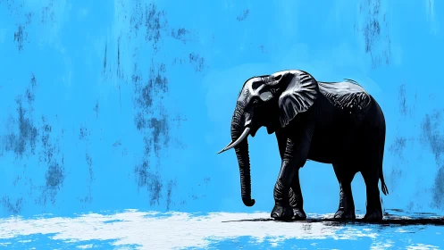 Black elephant silhouette on bright blue textured background.