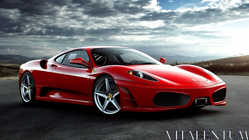 Red sports coupe on open road under dramatic sky.