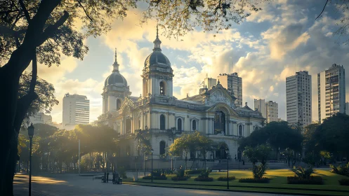 Historic domed civic building amid modern city towers.