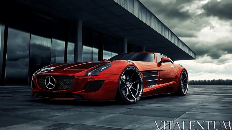 Red Mercedes sports car on modern concrete plaza at dusk.