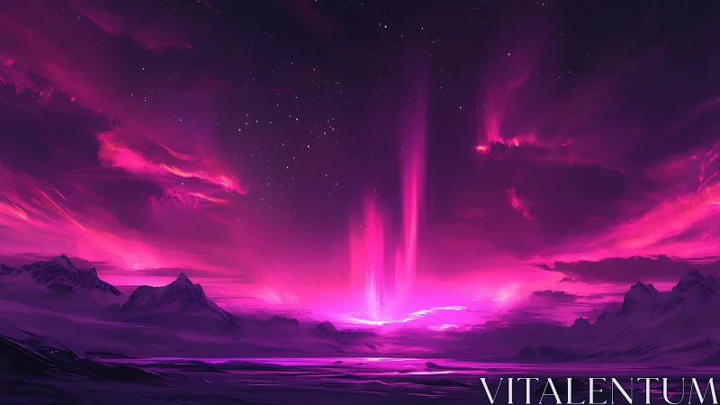 Synthetic aurora above polar mountain range is rendered
