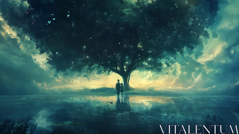 Starlit lovers beneath an ethereal world tree at dusk.
