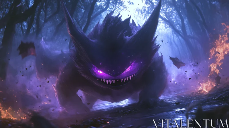 Large glowing-eyed creature advances through burning forest