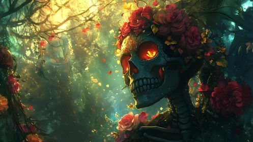 Floral crowned skull in glowing forest environment.