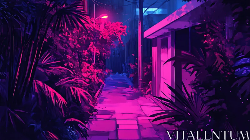 Neon alleyway with lush foliage under magenta night glow.