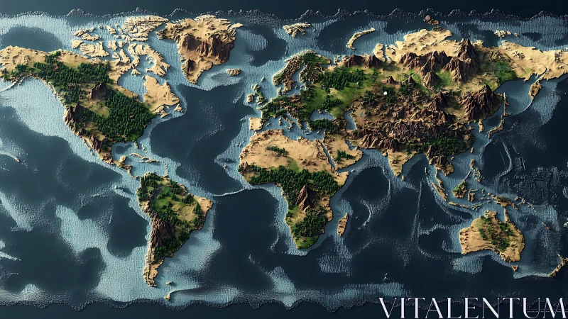 3D relief world map with stylized terrain and oceans.