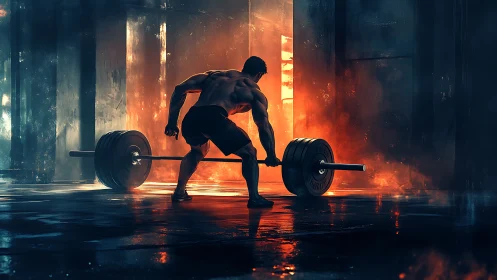 Backlit powerlifter grips loaded barbell in high contrast gym scene