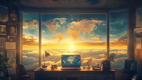 Cozy skyview study with glowing world map sunrise window.