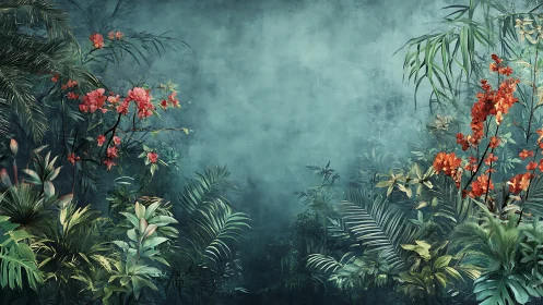 Lush teal jungle backdrop with vivid scarlet blossoms.