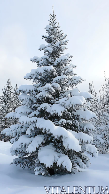 Snowy evergreen tree wrapped in soft winter quiet.