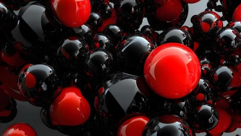 Bold red and black spheres create a playful glossy cluster