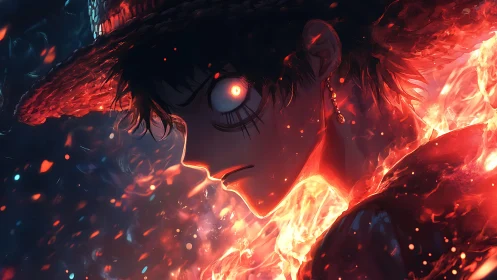 Fiery anime warrior in straw hat with glowing eyes profile