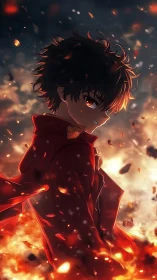 Anime boy in red coat amid burning embers and smoke.