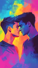 Two men share intimate moment in vivid neon colors.