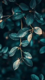 Teal leaves cluster in soft golden rim light glow.