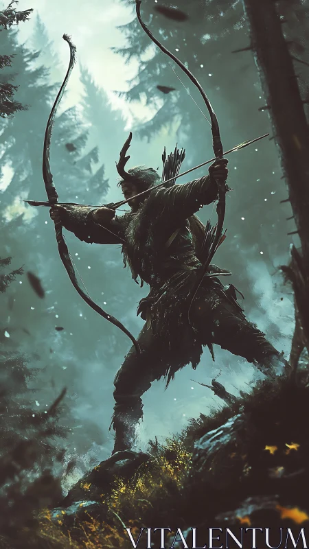 Forest archer silhouette in dynamic vertical composition.