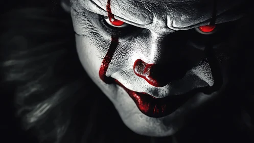 Predatory clown glare with crimson-lit nightmare smile.