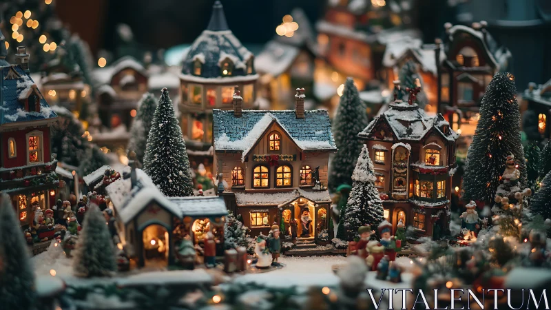 Illuminated miniature winter village under shallow depth-of-field.
