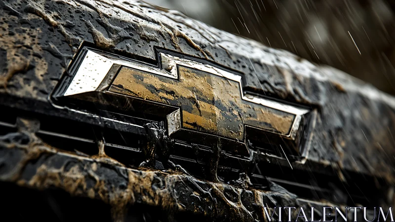 Mud-splattered metallic grille emblem under dynamic rainfall streaks