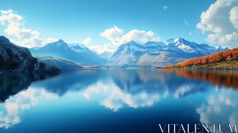 Calm mountain lake cradled by bright autumn reflections.